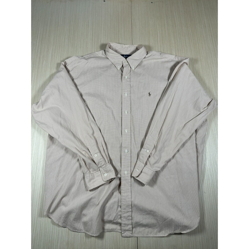 VTG Ralph Lauren Shirt Mens 2XL Beige Mini Check Blake Cotton Oxford Button Down